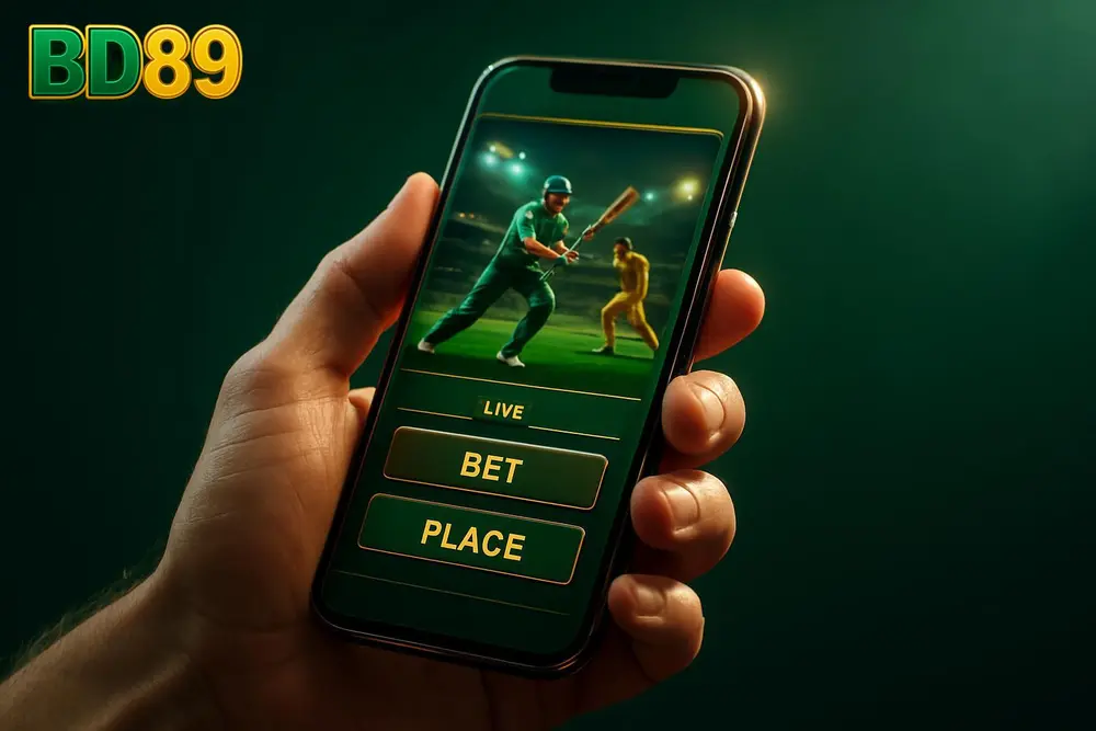 BD89 app โ a hand holding a phone with a live cricket betting app interface BD89 app โ a hand holding a phone with a live cricket betting app interface