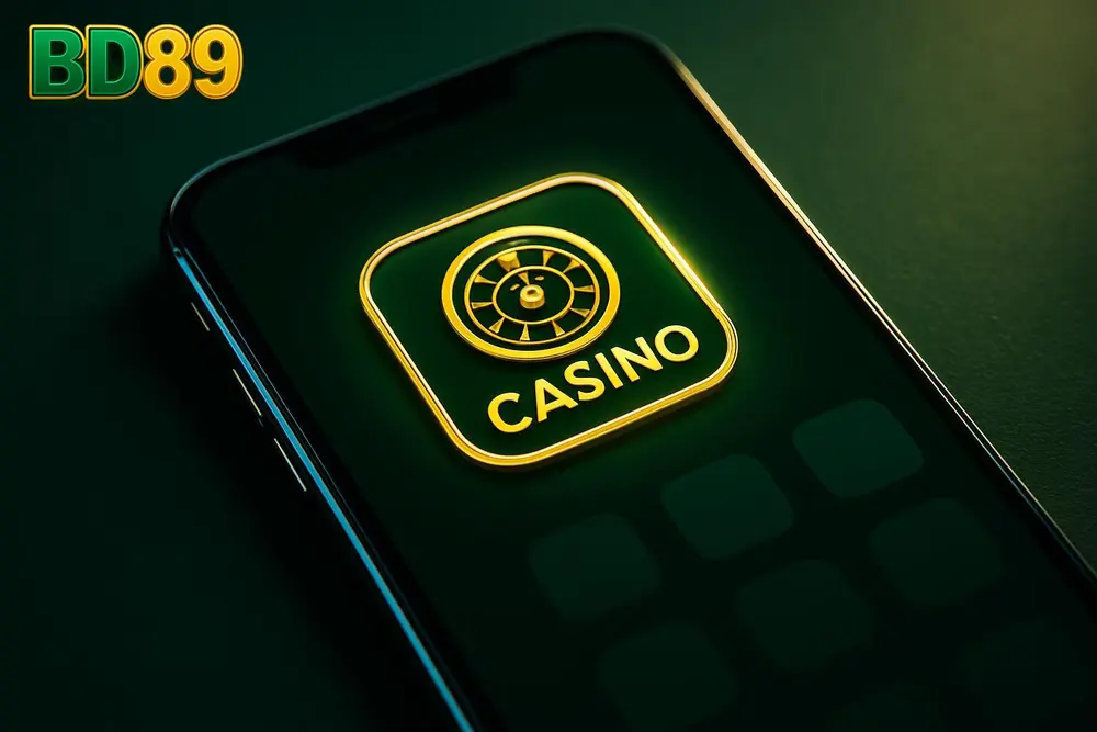 BD89 app โ a smartphone showing a glowing online casino app icon on a home screen BD89 app โ a smartphone showing a glowing online casino app icon on a home screen