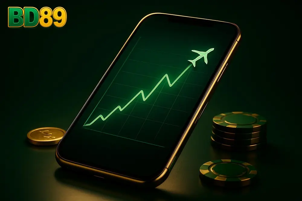 BD89 Aviator game — a smartphone showing a crash-style multiplier game with rising graph