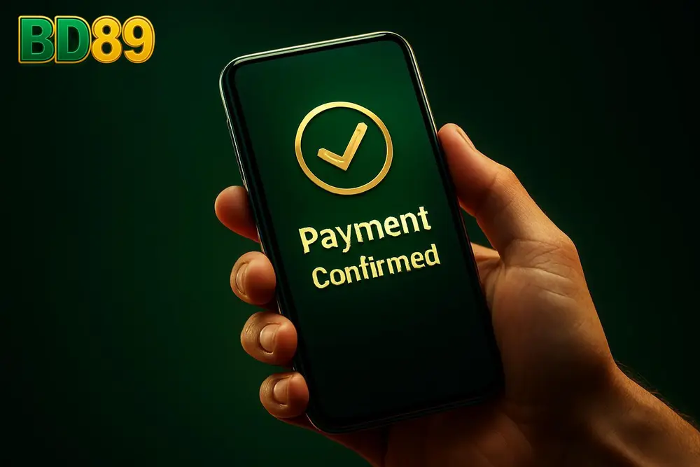 BD89 bKash deposit — a hand holding a phone showing a bKash-style payment confirmation screen