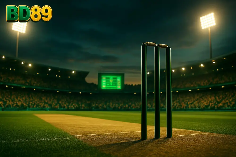 BD89 cricket betting โ a floodlit cricket stadium crowd with a scoreboard glowing at dusk BD89 cricket betting โ a floodlit cricket stadium crowd with a scoreboard glowing at dusk