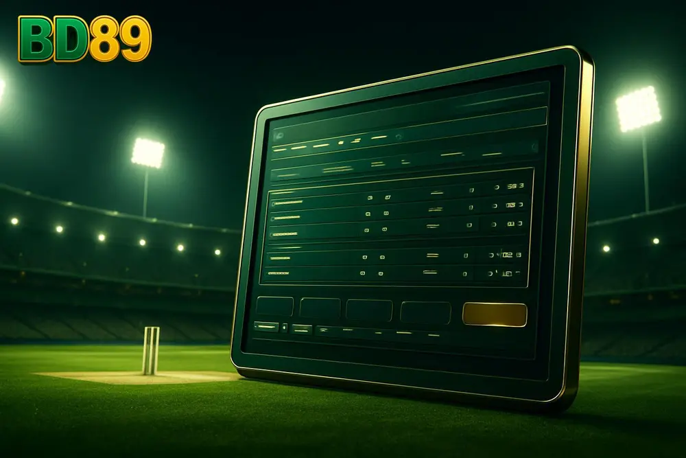 BD89 Bangladesh betting platform โ a cricket stadium at night with glowing floodlights and a betting screen overlay BD89 Bangladesh betting platform โ a cricket stadium at night with glowing floodlights and a betting screen overlay