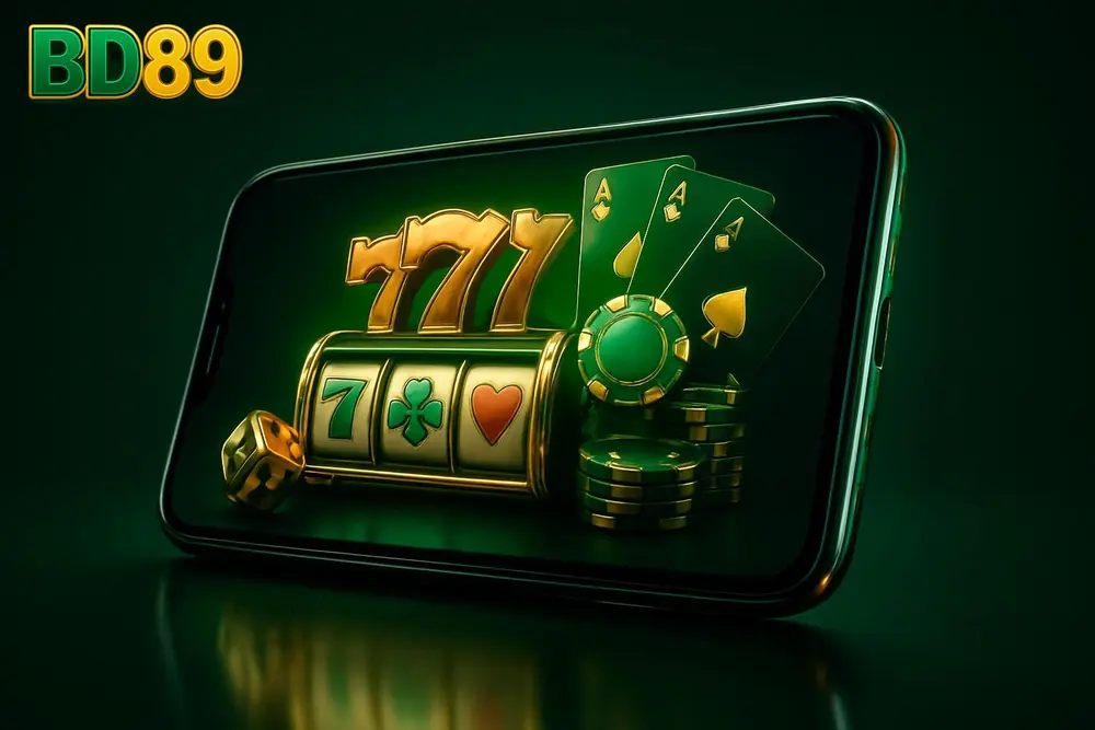 BD89 Bangladesh betting platform โ a smartphone displaying a colorful online casino homepage with green accents BD89 Bangladesh betting platform โ a smartphone displaying a colorful online casino homepage with green accents