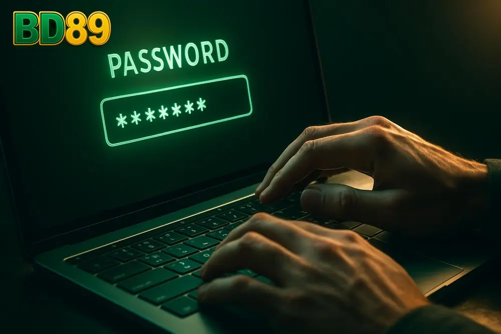 BD89 login โ a person typing a password on a laptop with a soft green glow BD89 login โ a person typing a password on a laptop with a soft green glow